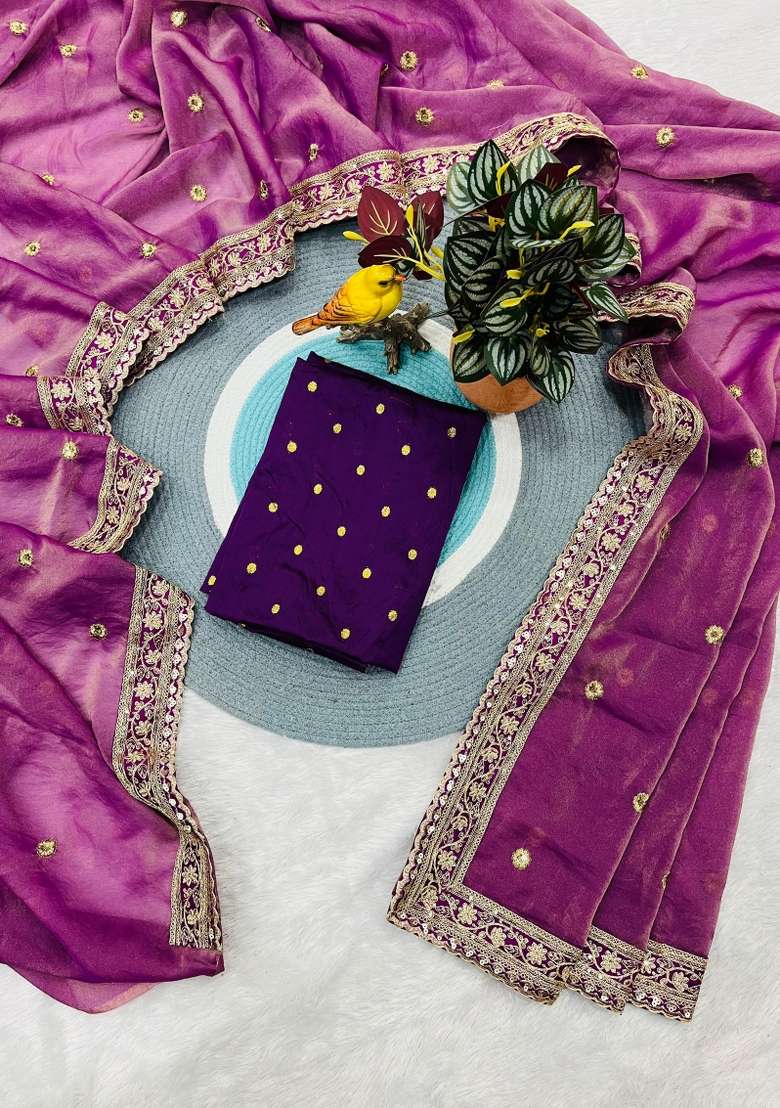 Purple Silk Blend Saree Set with Embroidered for Diwali | Wedding & Festive Wear - Indya