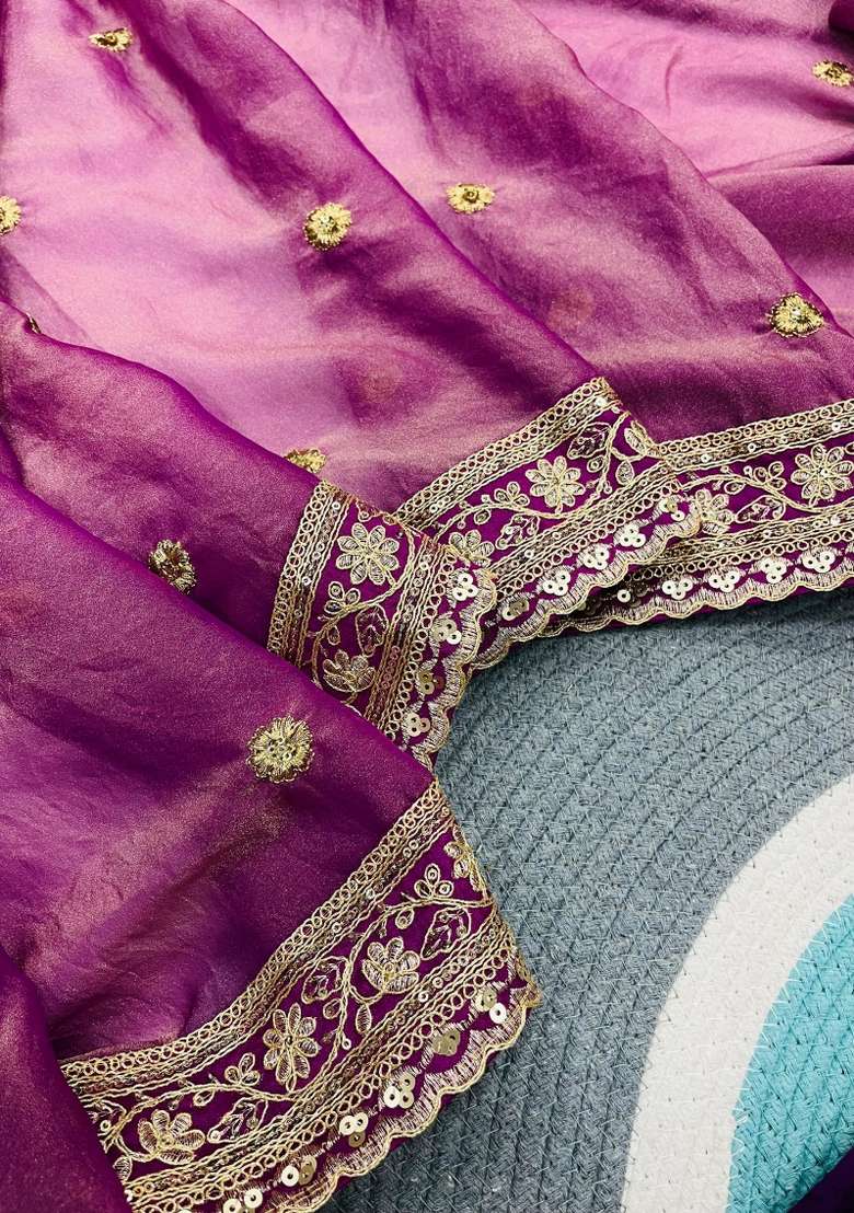 Purple Silk Blend Saree Set with Embroidered for Diwali | Wedding & Festive Wear - Indya