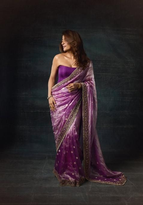 Purple Embroidered Silk Blend Saree Set
