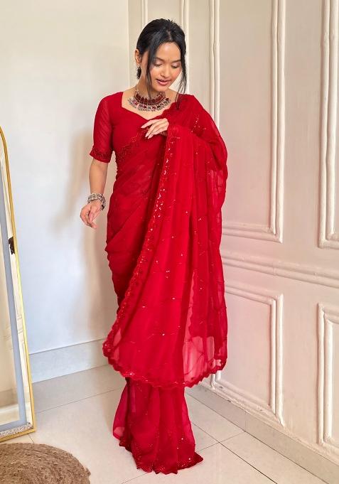 Red Embellished Georgette Saree Set