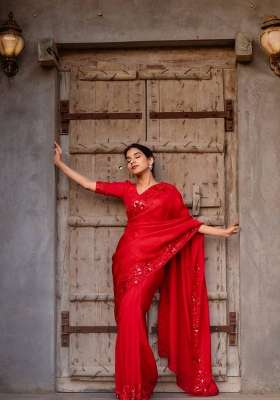 Red Embroidered Silk Blend Saree Set for Diwali and Festive Wear