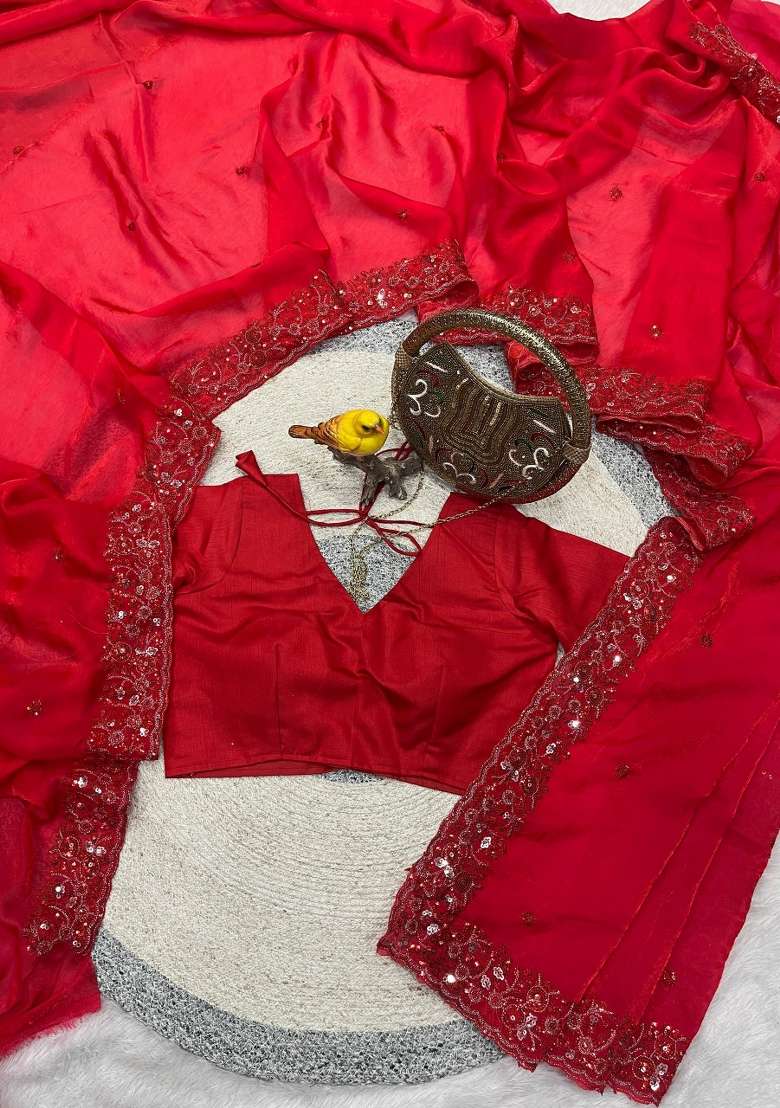 Red Embroidered Silk Blend Saree Set for Diwali and Festive Wear - Indya