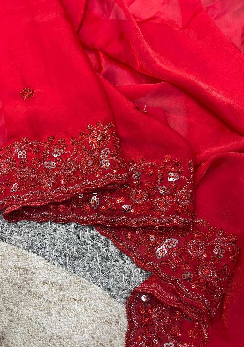 Red Embroidered Silk Blend Saree Set for Diwali and Festive Wear - Indya