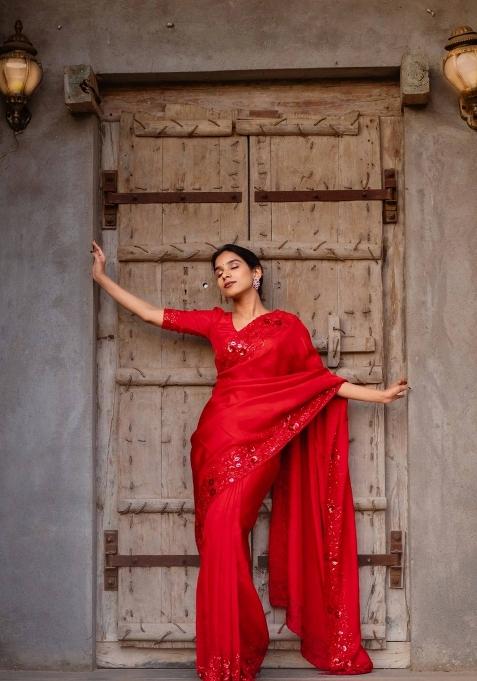 Red Embroidered Silk Blend Saree Set