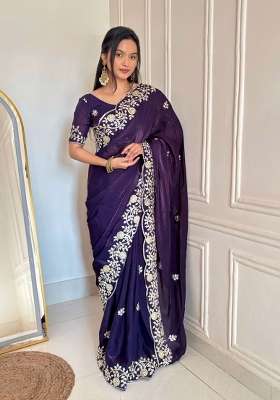 Blue Embroidered Silk Blend Saree Set for Diwali and Festive Wear