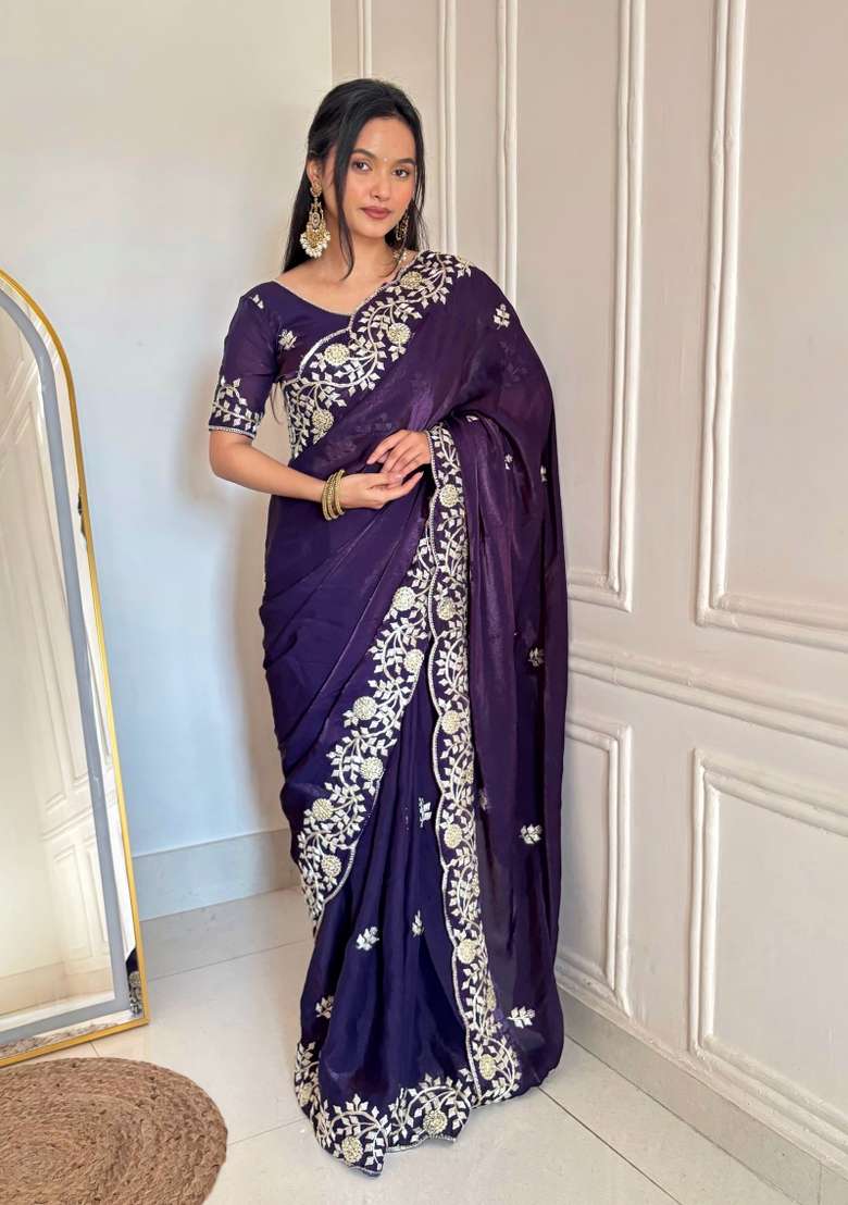 Blue Embroidered Silk Blend Saree Set for Diwali and Festive Wear - Indya