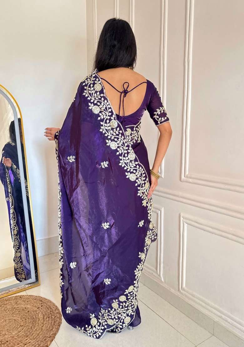 Blue Embroidered Silk Blend Saree Set for Diwali and Festive Wear - Indya