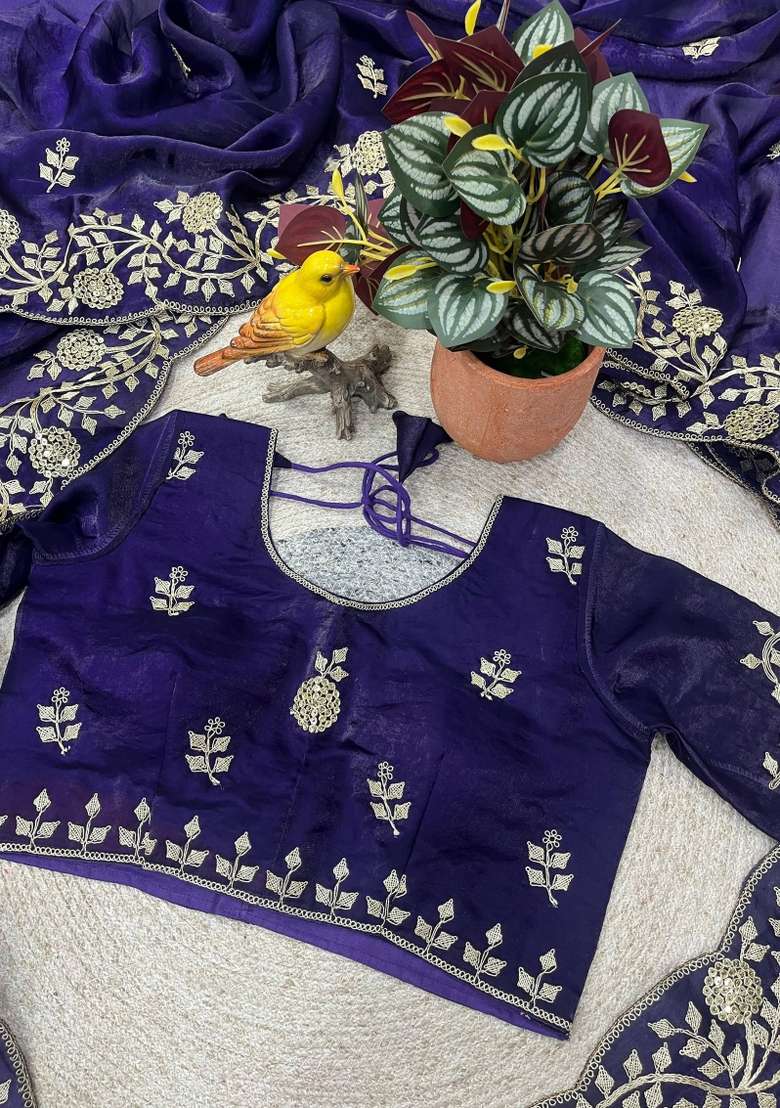 Blue Embroidered Silk Blend Saree Set for Diwali and Festive Wear - Indya