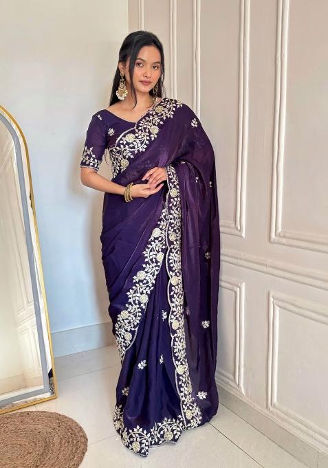 Blue Embroidered Silk Blend Saree Set