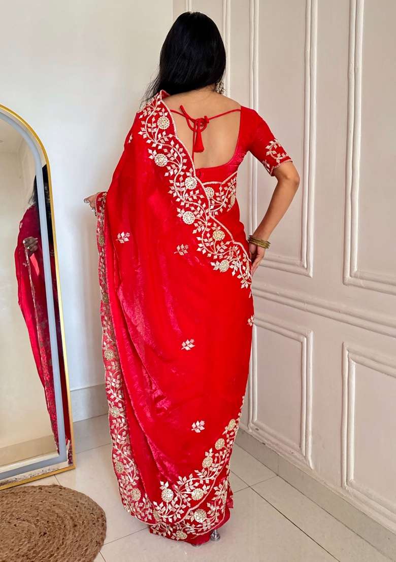 Red Silk Blend Saree Set with Embroidered for Diwali | Wedding & Festive Wear - Indya