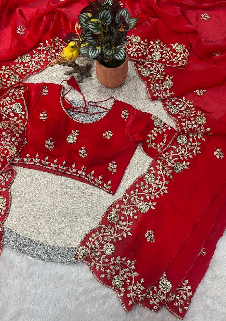 Red Silk Blend Saree Set with Embroidered for Diwali | Wedding & Festive Wear - Indya