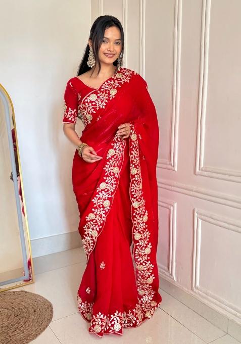 Red Embroidered Silk Blend Saree Set