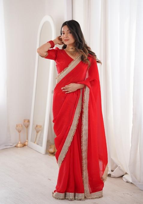 Red Sequin Silk Blend Saree Set