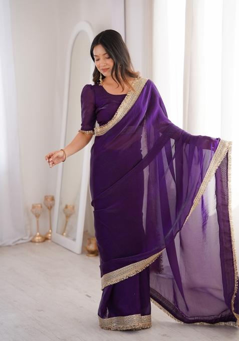 Purple Sequin Silk Blend Saree Set