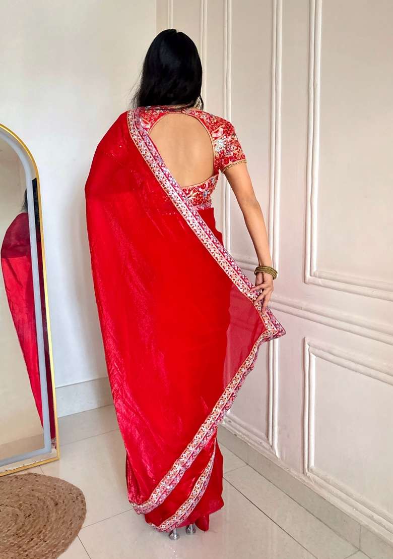 Red Embroidered Silk Blend Saree Set for Diwali and Festive Wear - Indya