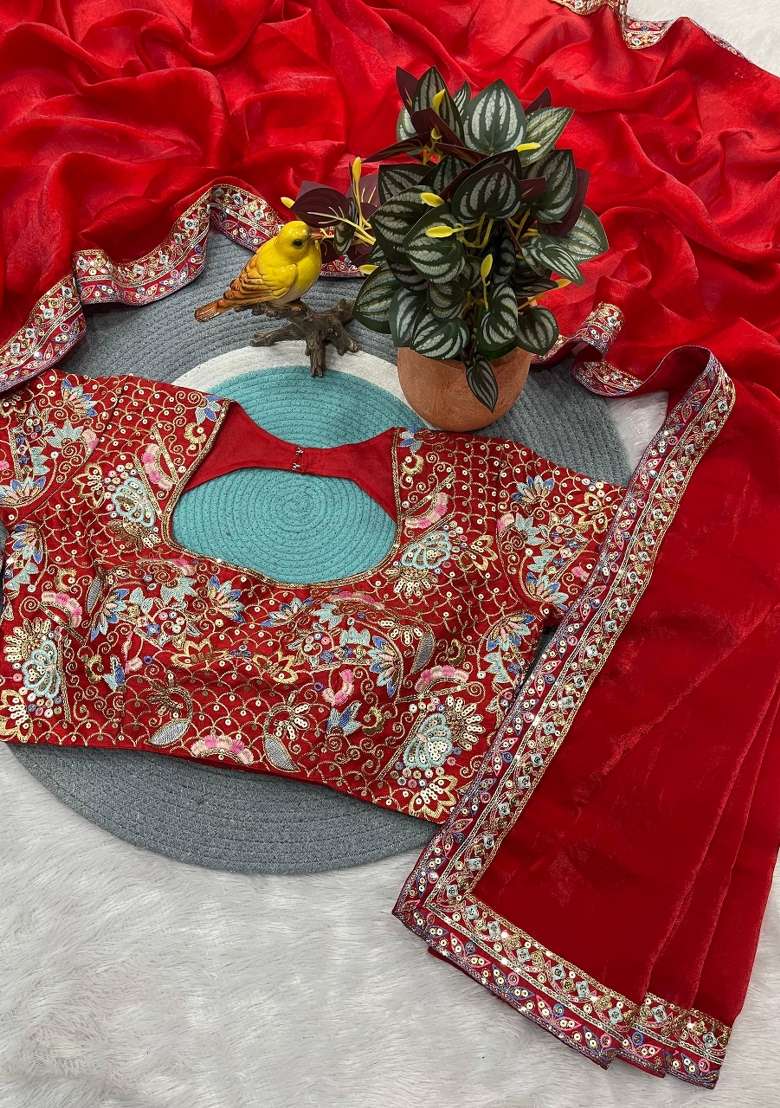Red Embroidered Silk Blend Saree Set for Diwali and Festive Wear - Indya