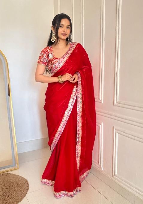 Red Embroidered Silk Blend Saree Set