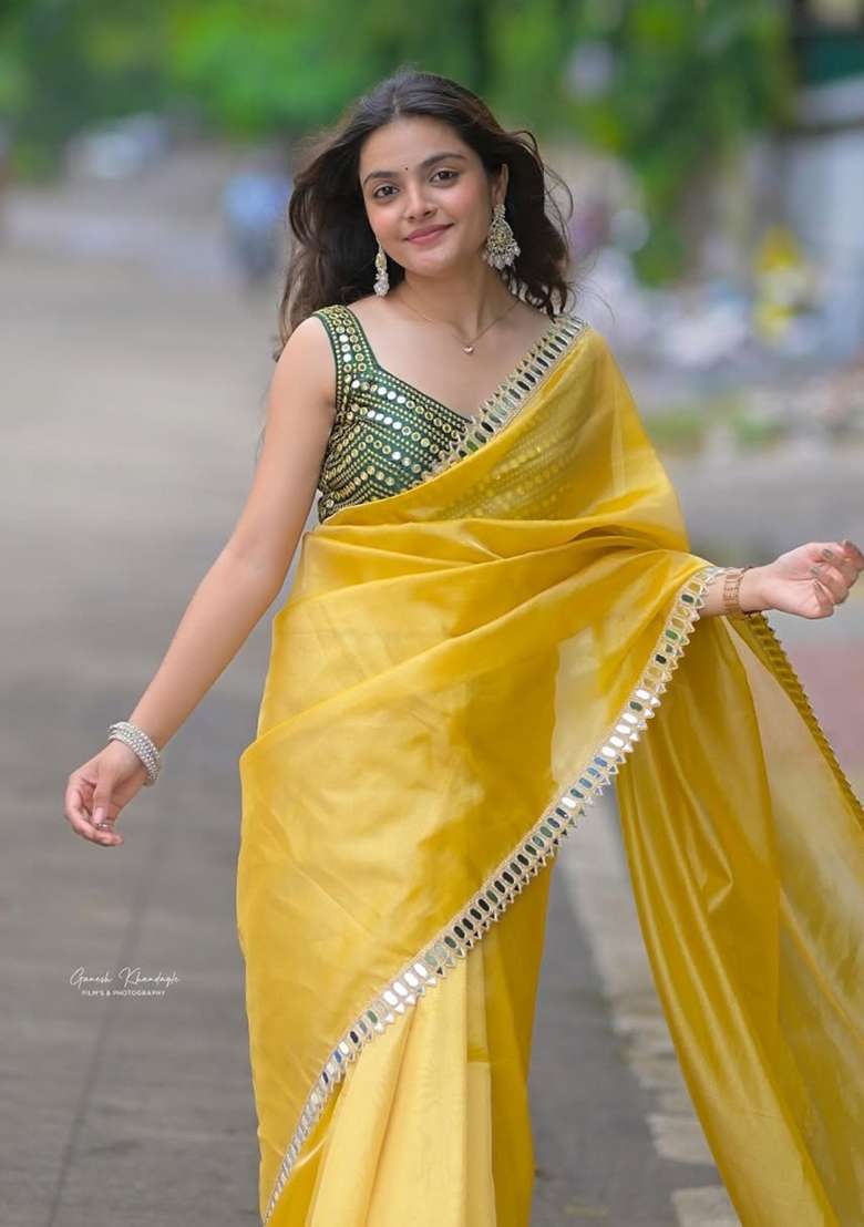Yellow Silk Blend Saree Set with Embroidered for Diwali | Wedding & Festive Wear - Indya