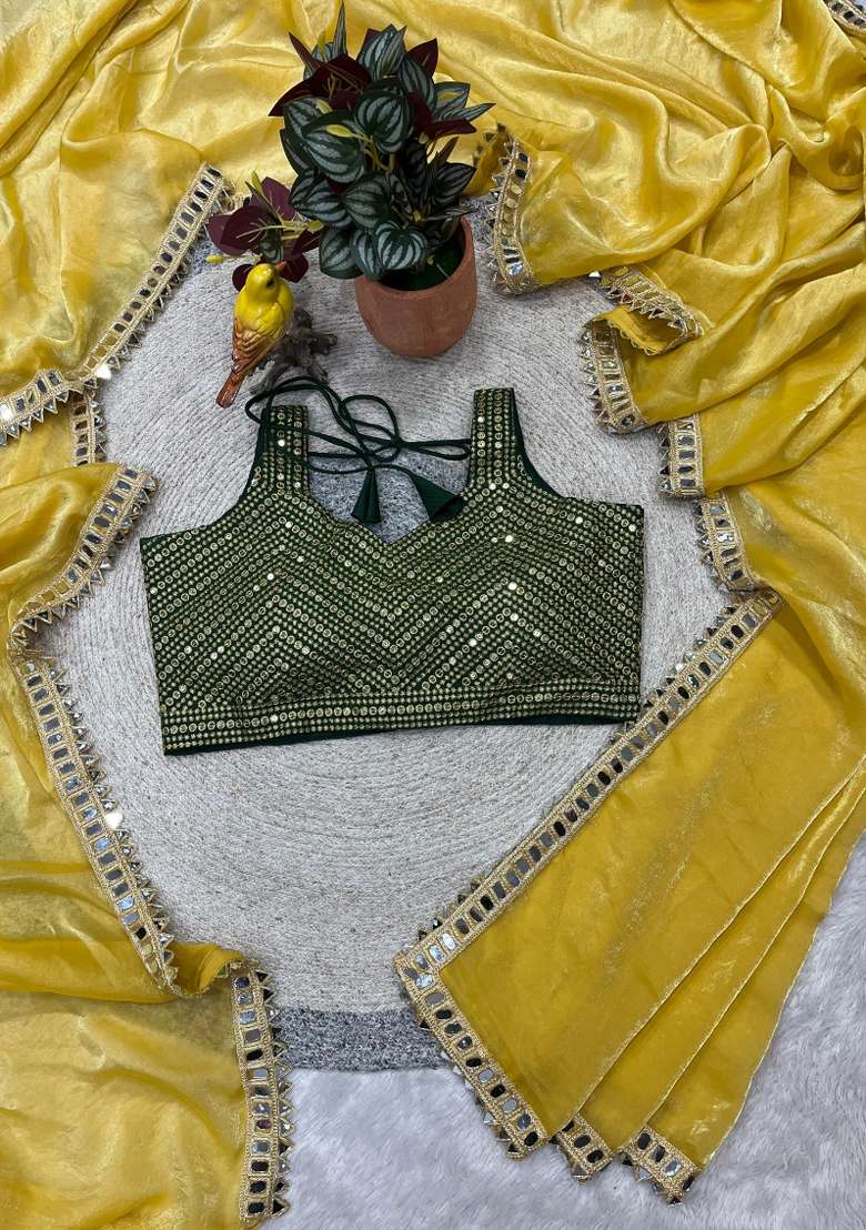 Yellow Silk Blend Saree Set with Embroidered for Diwali | Wedding & Festive Wear - Indya