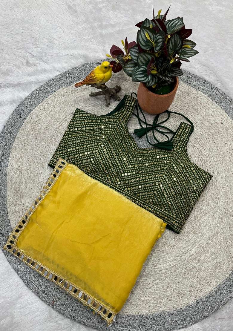 Yellow Silk Blend Saree Set with Embroidered for Diwali | Wedding & Festive Wear - Indya