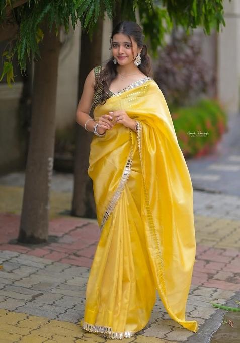 Yellow Embroidered Silk Blend Saree Set