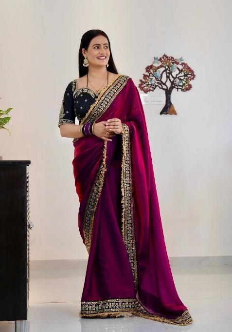Purple Sequin Silk Blend Saree Set