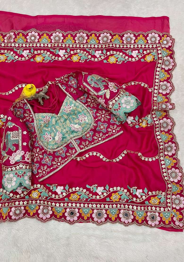 Pink Silk Blend Saree Set with Embroidered for Diwali | Wedding & Festive Wear - Indya