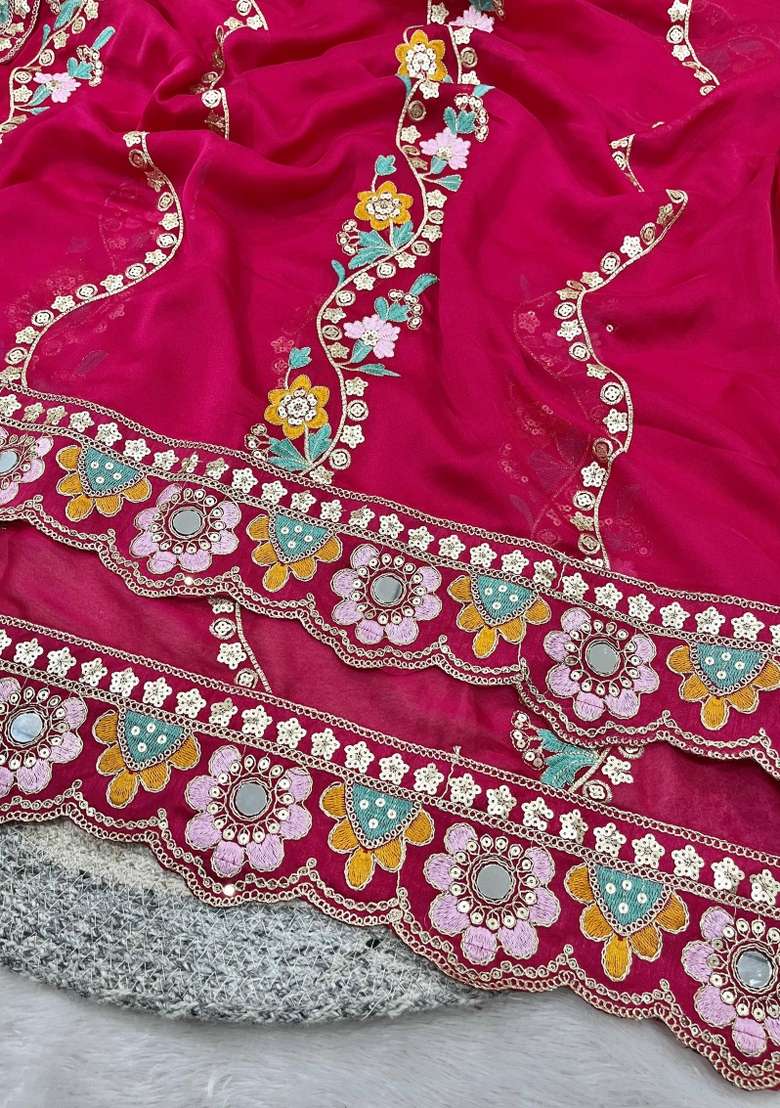 Pink Silk Blend Saree Set with Embroidered for Diwali | Wedding & Festive Wear - Indya
