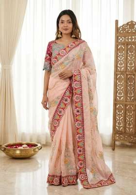 Peach Embroidered Silk Blend Saree Set for Diwali and Festive Wear
