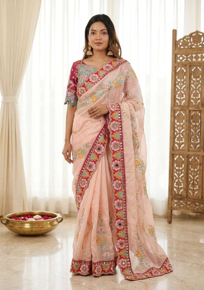 Peach Embroidered Silk Blend Saree Set for Diwali and Festive Wear - Indya