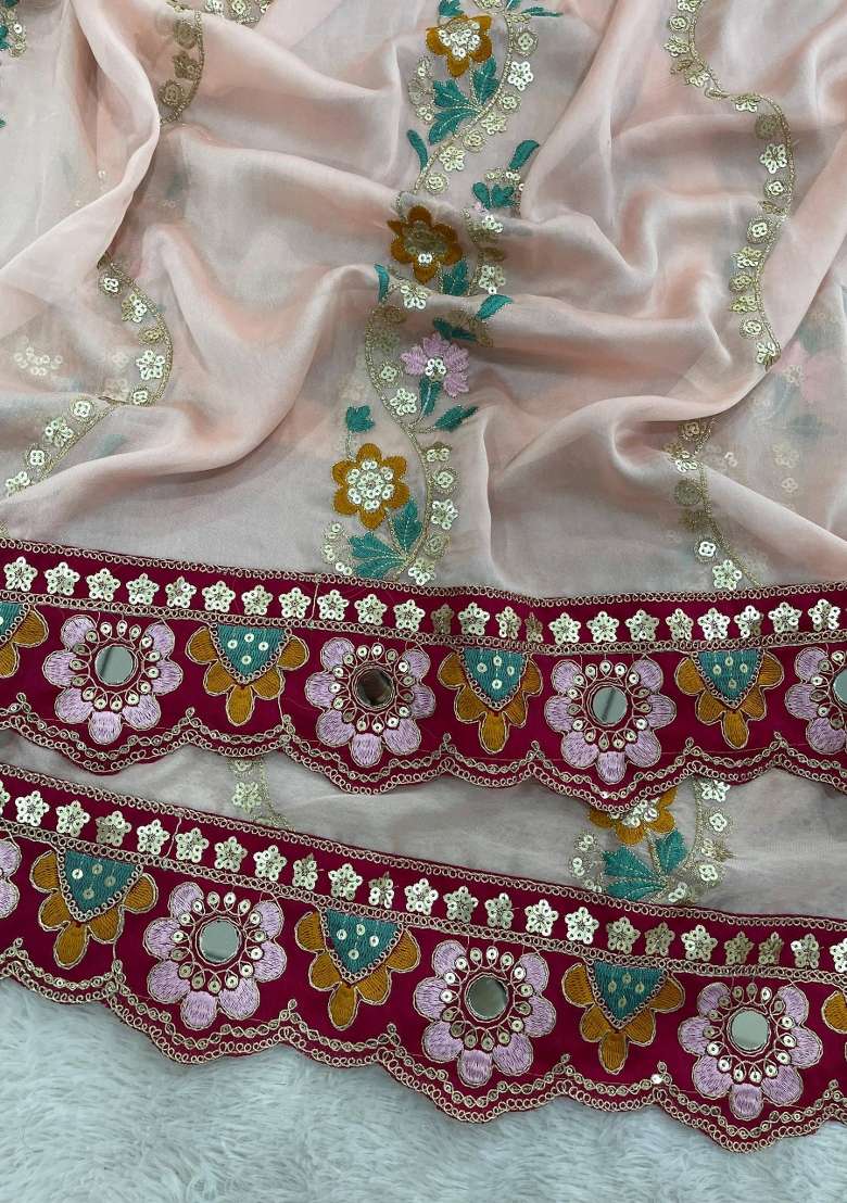 Peach Embroidered Silk Blend Saree Set for Diwali and Festive Wear - Indya