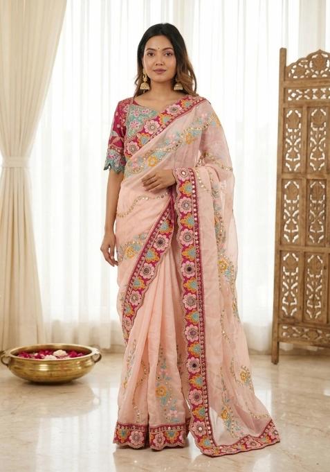 Peach Embroidered Silk Blend Saree Set