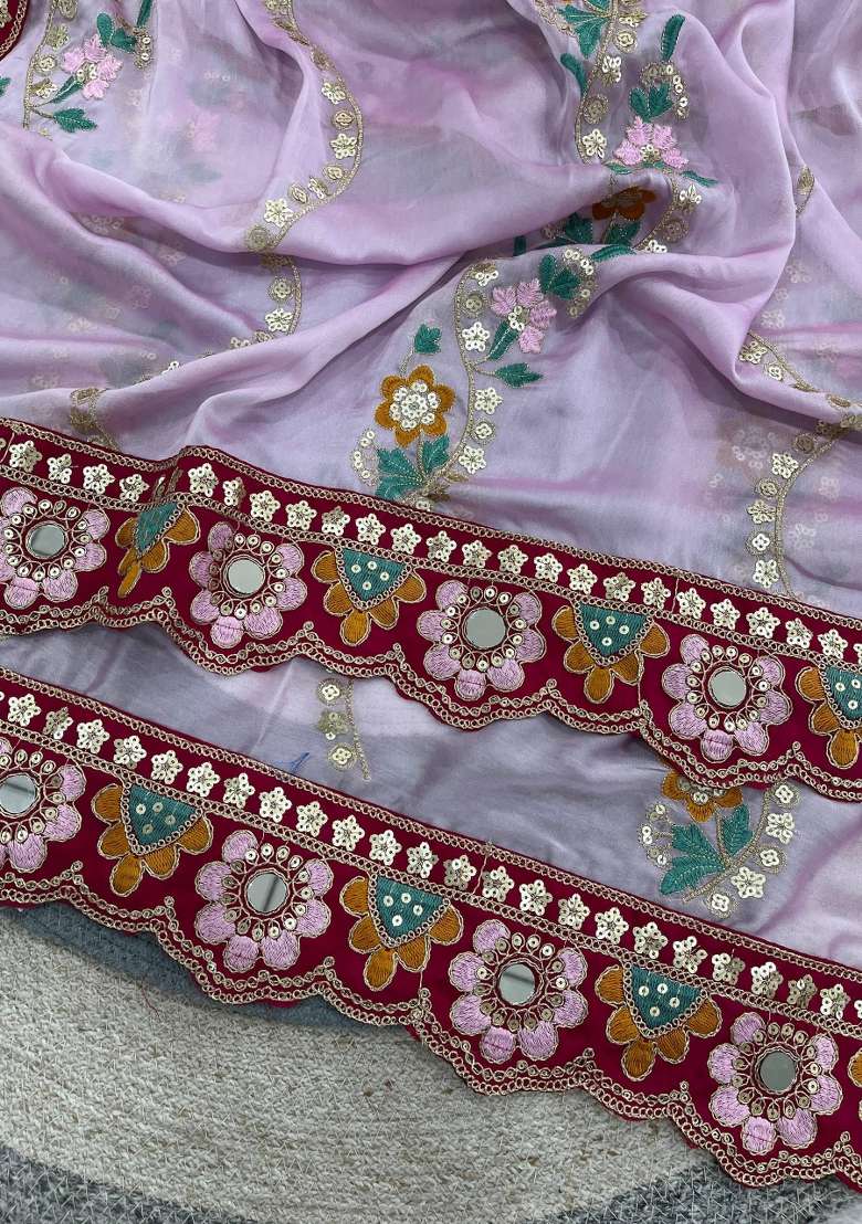 Lavender Silk Blend Saree Set with Embroidered for Diwali | Wedding & Festive Wear - Indya