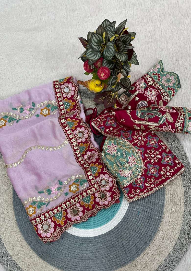 Lavender Silk Blend Saree Set with Embroidered for Diwali | Wedding & Festive Wear - Indya