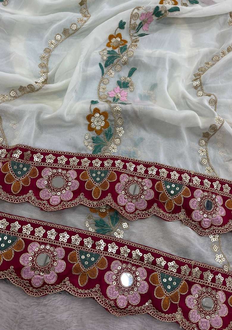White Silk Blend Saree Set with Embroidered for Diwali | Wedding & Festive Wear - Indya