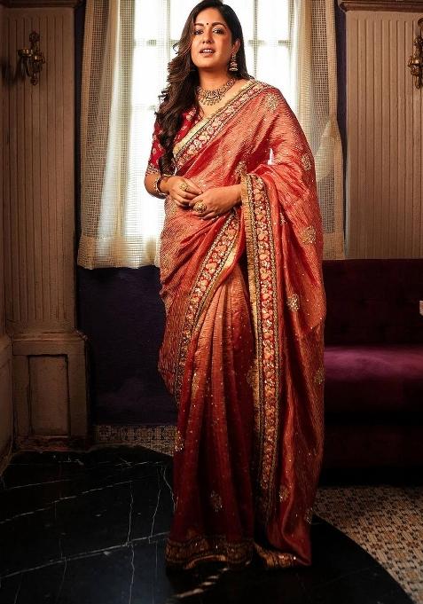 Onion Pink Embroidered Silk Blend Saree Set