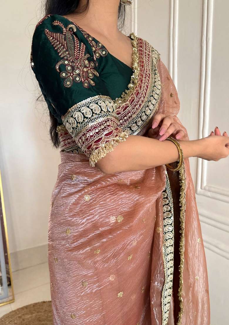 Rose Gold Silk Blend Saree Set with Embroidered for Diwali | Wedding & Festive Wear - Indya