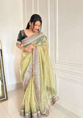 Olive Green Embroidered Silk Blend Saree Set for Diwali and Festive Wear
