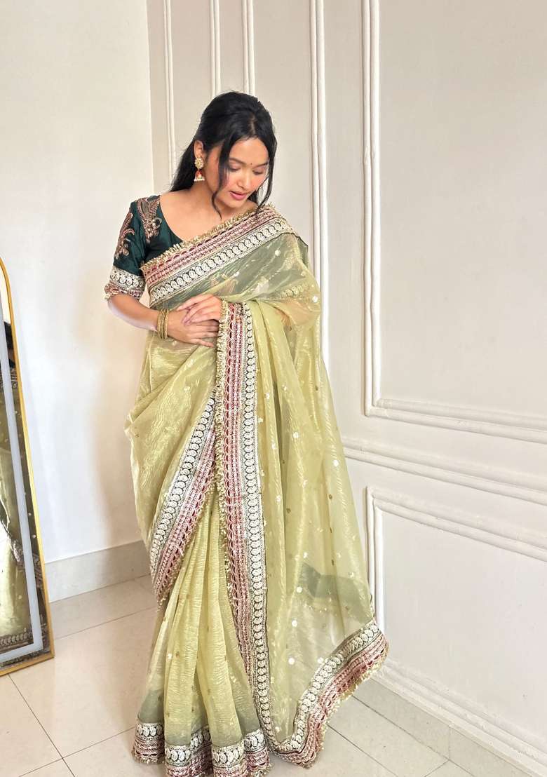 Olive Green Embroidered Silk Blend Saree Set for Diwali and Festive Wear - Indya