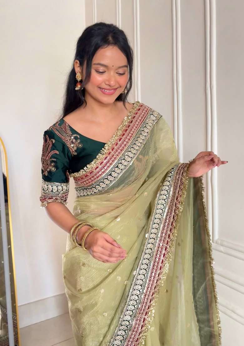 Olive Green Embroidered Silk Blend Saree Set for Diwali and Festive Wear - Indya