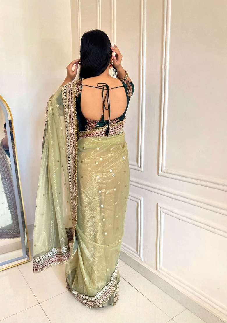 Olive Green Embroidered Silk Blend Saree Set for Diwali and Festive Wear - Indya