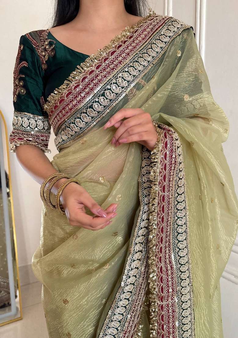 Olive Green Embroidered Silk Blend Saree Set for Diwali and Festive Wear - Indya