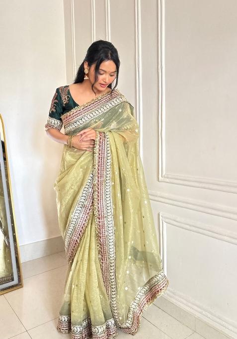 Olive Green Embroidered Silk Blend Saree Set