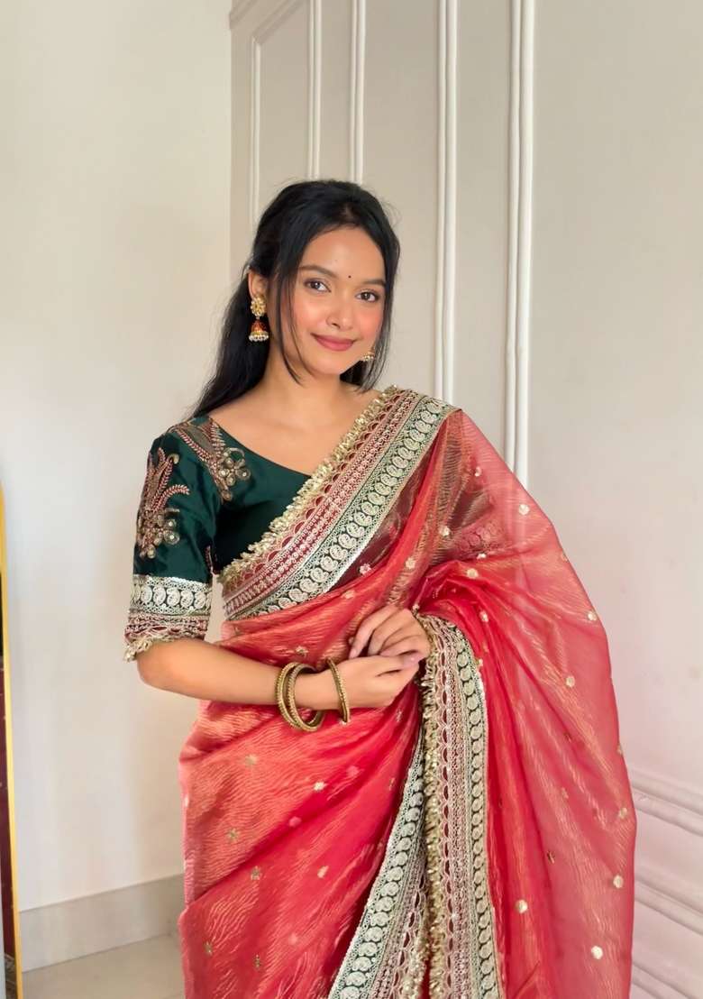 Red Embroidered Silk Blend Saree Set for Diwali and Festive Wear - Indya