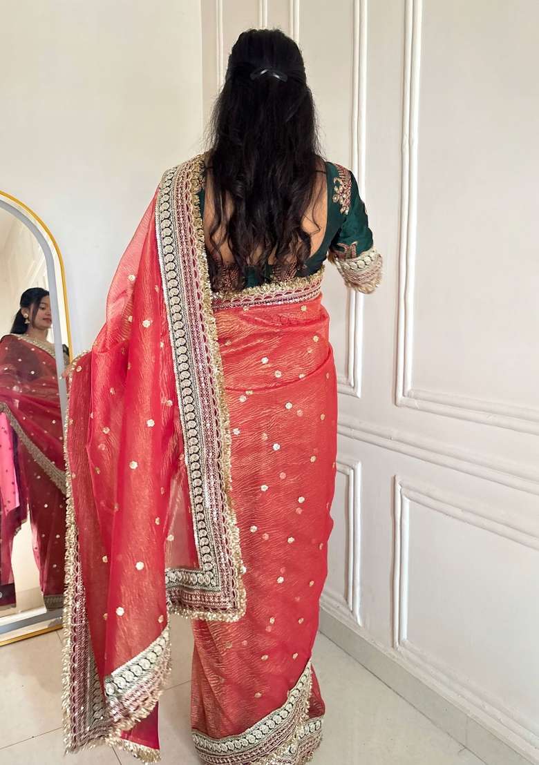 Red Embroidered Silk Blend Saree Set for Diwali and Festive Wear - Indya