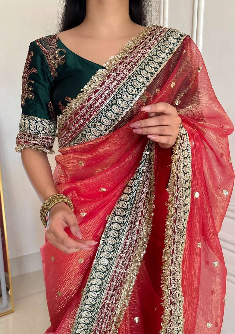 Red Embroidered Silk Blend Saree Set for Diwali and Festive Wear - Indya
