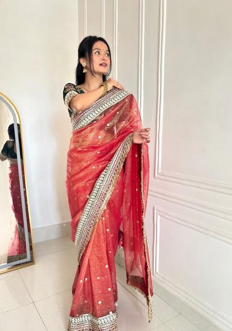 Red Embroidered Silk Blend Saree Set