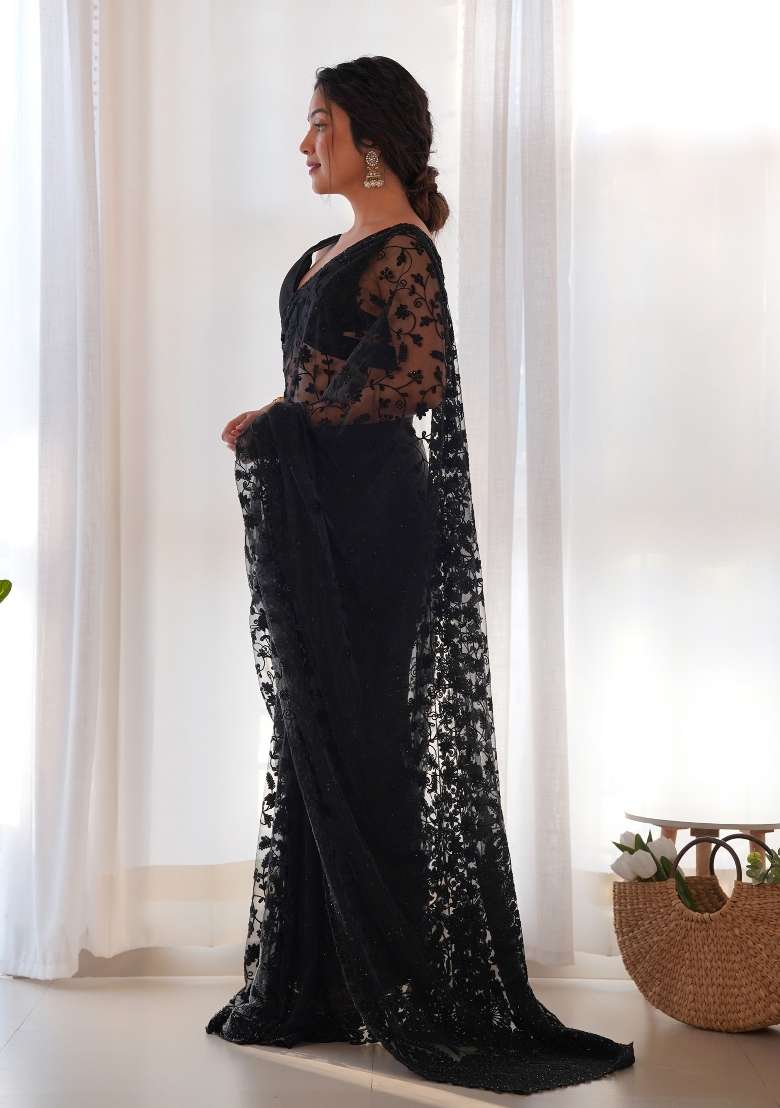 Black Net Saree Set with Embroidered for Diwali | Wedding & Festive Wear - Indya
