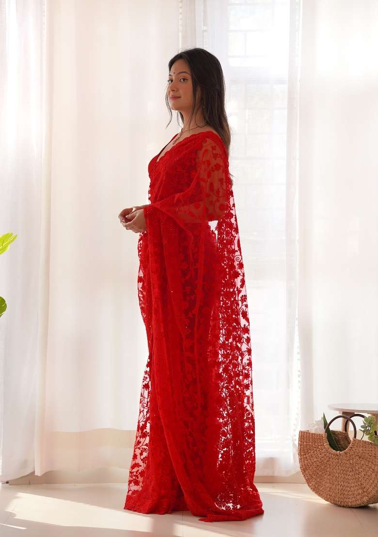 Red Embroidered Net Saree Set for Diwali and Festive Wear - Indya