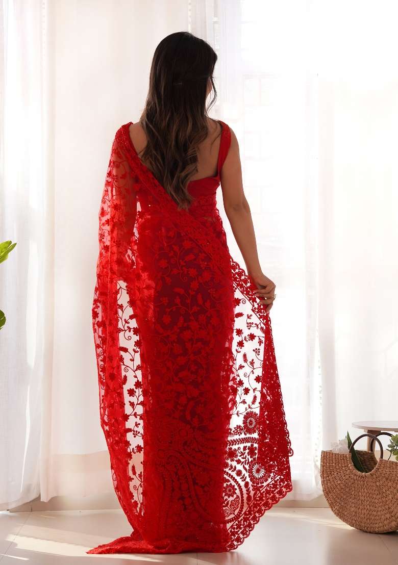 Red Embroidered Net Saree Set for Diwali and Festive Wear - Indya